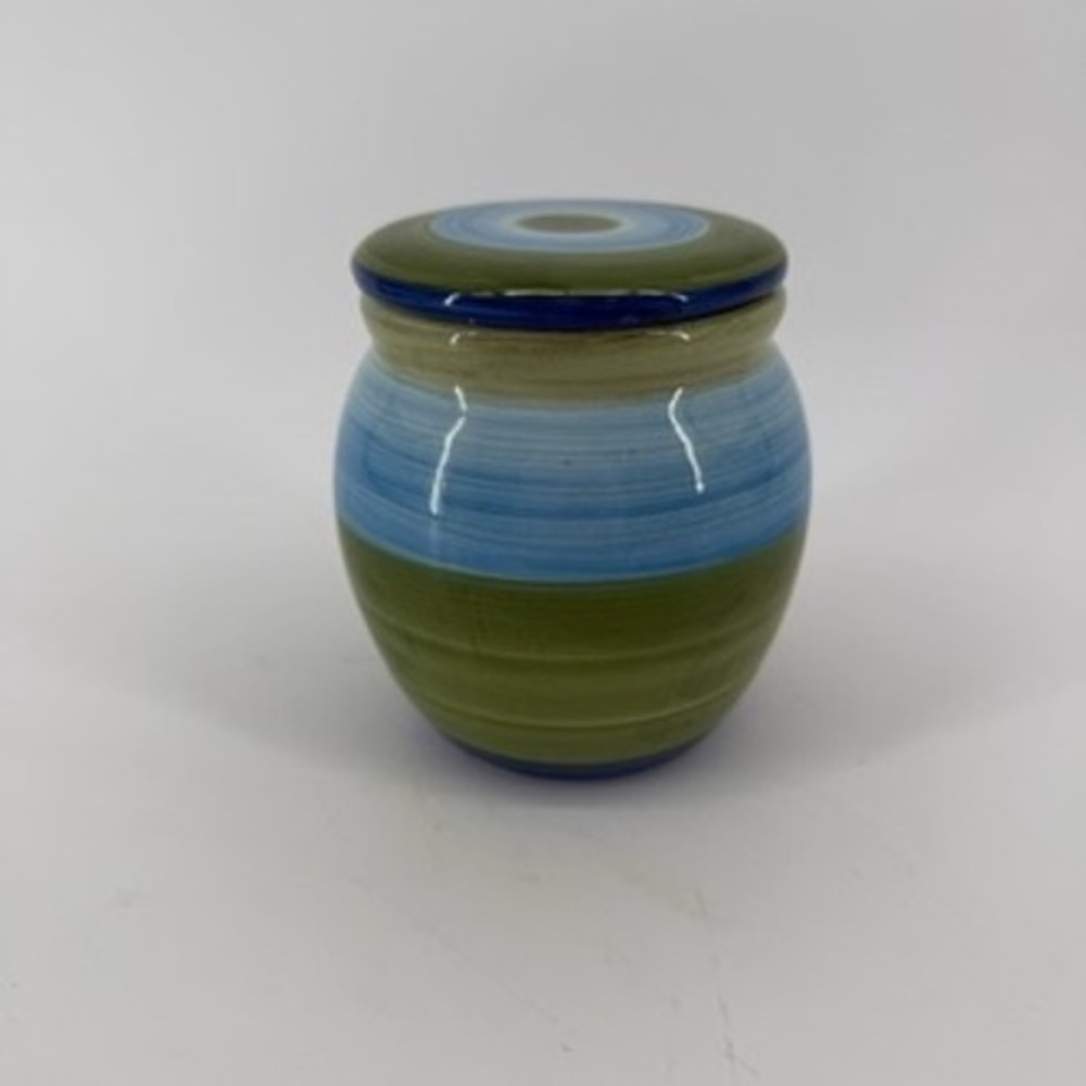 Tabletops Avenue Blue Illusion Hand Painted Ceramic Small Lidded Jar Canister